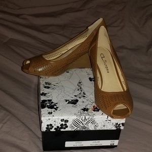 Brown peep toe wedges